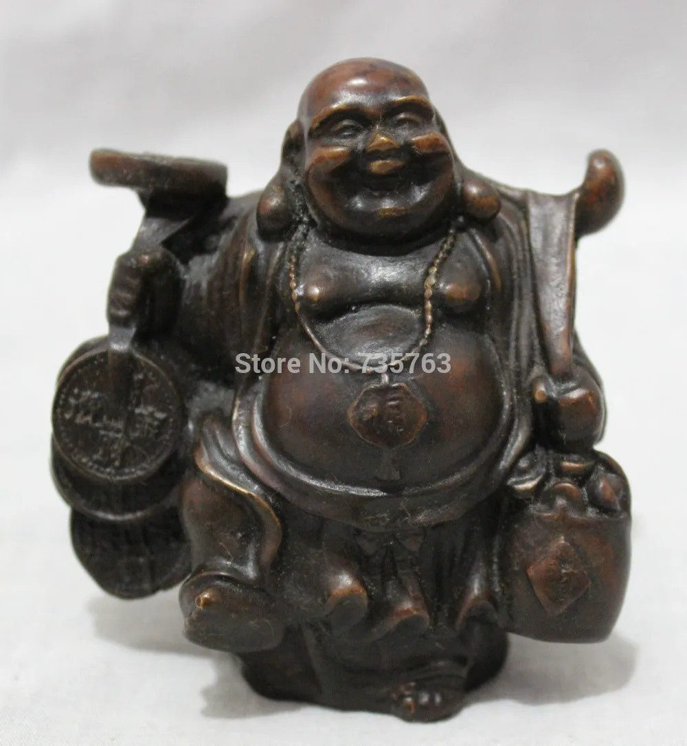 

xiuli 001310 Chinese Bronze Collect Wealth Coin YuanBao Happy Laughing Maitreya Buddha Statue