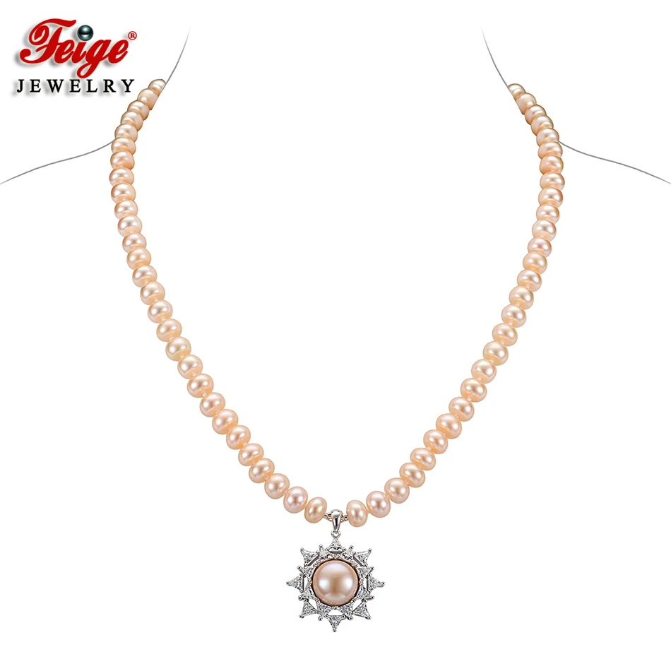 

FEIGE Luxury Pink Pearl Pendant Choker Necklaces Real 925 Sterling Silver Inlay Cubic Zirconia for Women Handmade Pearl Jewelry