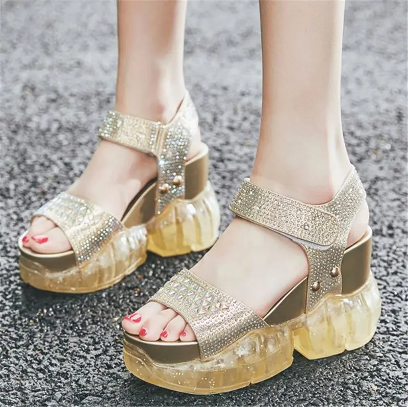

NAYIDUYUN Summer Sandals Shoes Women Leather Gladiators Rhinestone Platform Wedges High Heel Sandals Strappy Sneakers Shoes