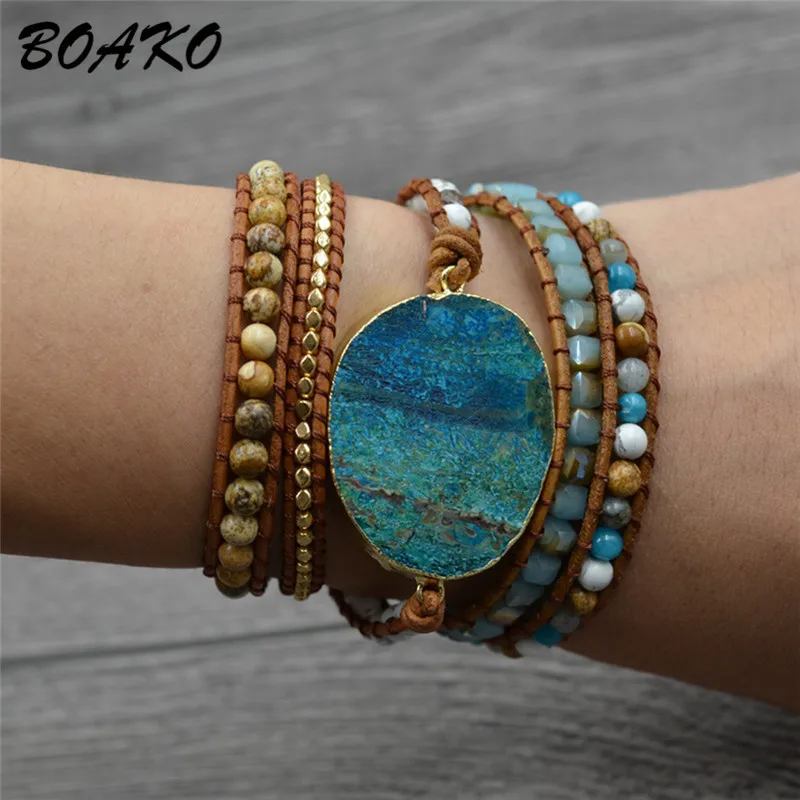 

BOAKO Mixed Natural Stone Bracelet Charm 5 Strands Multilayer Leather Wrap Bracelet Boho Handmade Jewelry Couple Bracelets Gifts