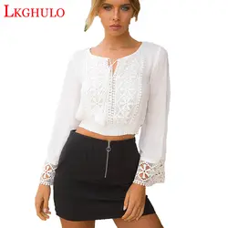 Lkghulo пикантная белая кружевная блузка рубашка Для женщин Топы корректирующие элегантный выдалбливают Блузка Летняя Топы корректирующие