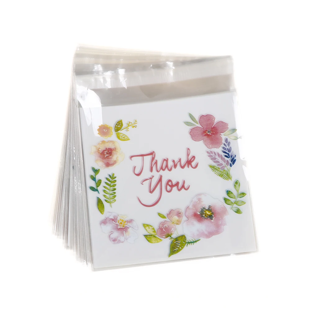 

100 Pcs Print Flower Patterns Candy Bag Clear Thank You Candy Storage Self-adhesive Plastic Biscuit Packaging Gift Bag