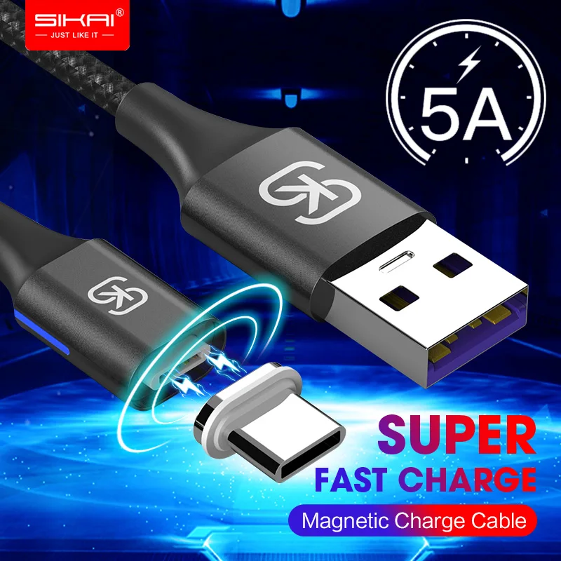 

SIKAI 5A LED For H Magnetic Cable Micro USB Type C Cable For iPhone Samsung Huawei xiaomi oneplus 6 Magnet Fast Charging