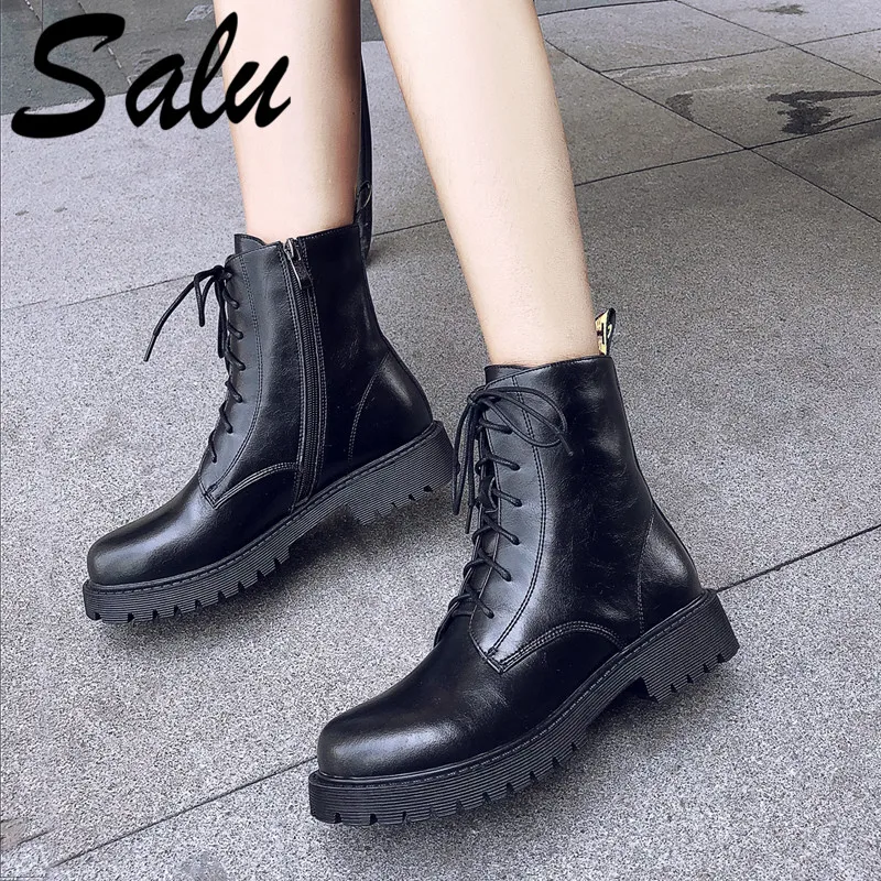 

Salu Brand Woman Genuine Leather Ankle Boots Round Toe Cross-tied Autumn Winter Shoes Woman Short Knight Basic Boots