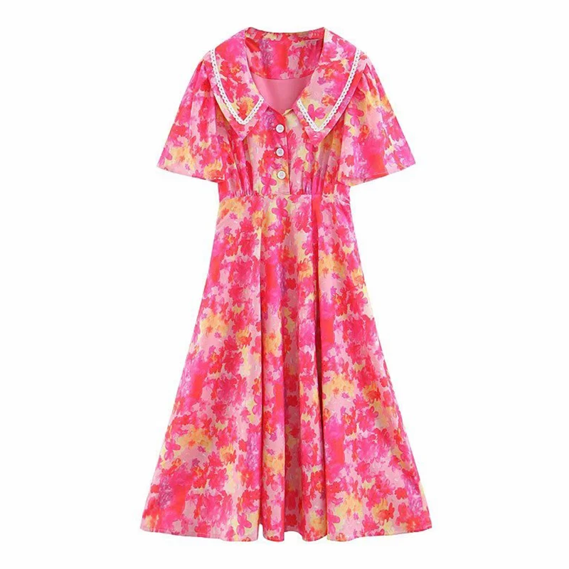 Women's Clothing Dress 2019 Turndown collar Lace-Trimmed Pink Print Dress Ms Summer Street Sexy Slim Fit Trend Fashion Clothing