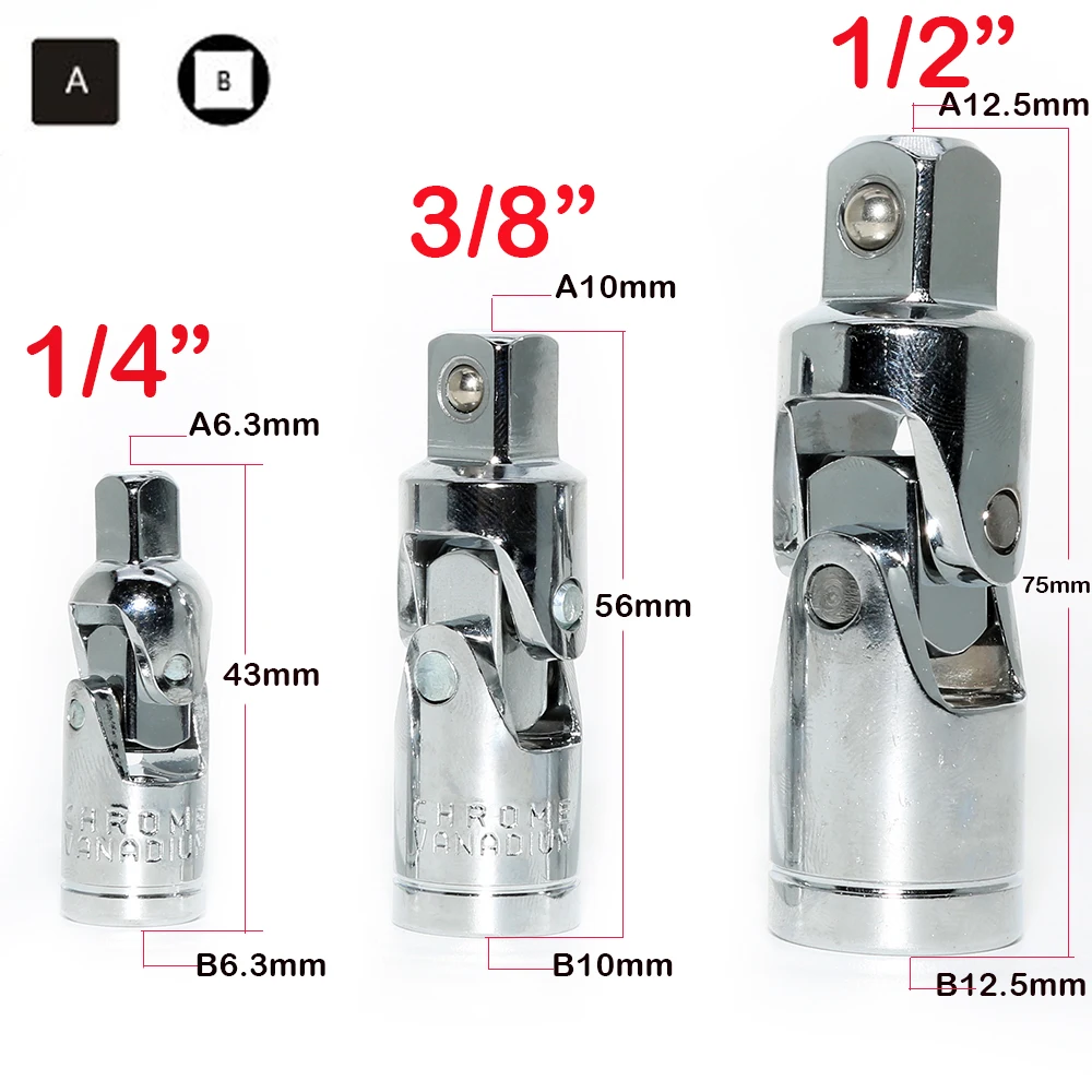3pc 1/4" 3/8" 1/2" Drive Universal Joint Socket Set Flex U Joint Wobble