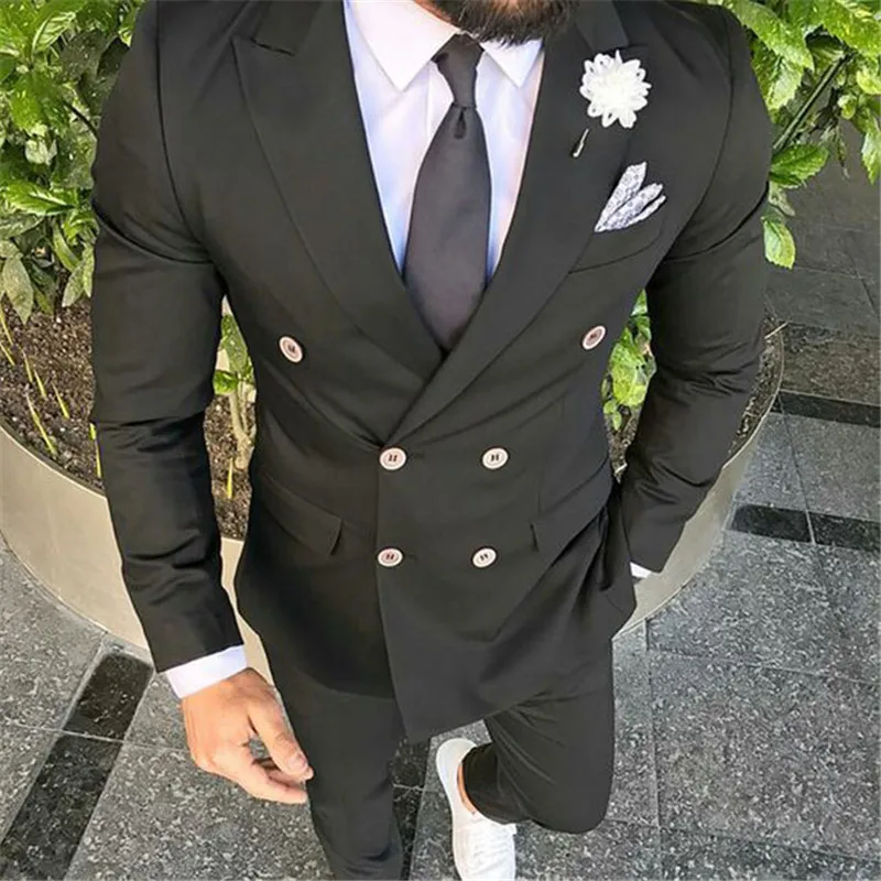 

Double Breasted Black Wedding Men Suits 2019 Two Piece Slim Fit Blazer Jacket Pants Peaked Lapel Custom Made Groom Tuxedos