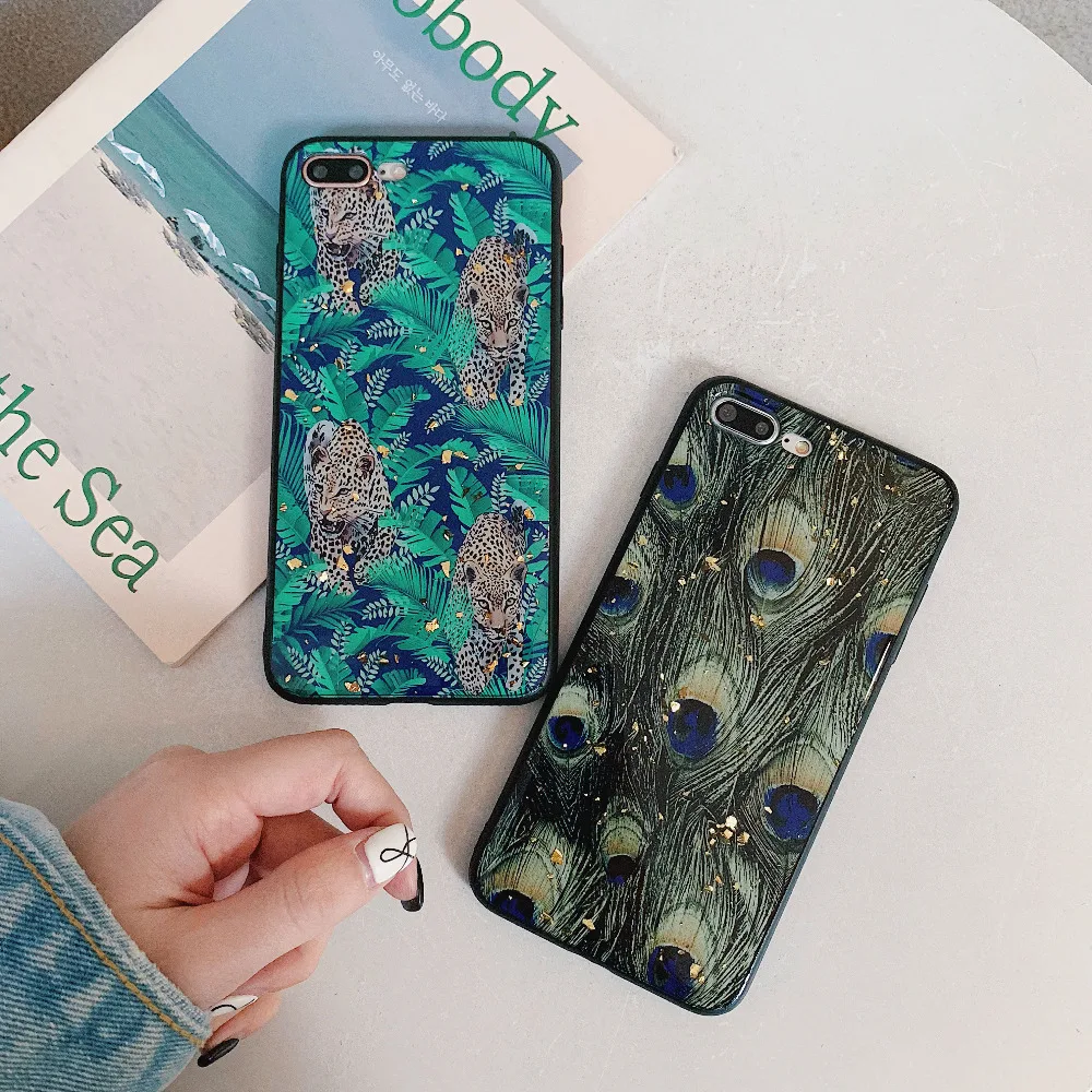 

New Resin America Europe Peacock Leopard Peafowl Feather Mobile Phone Case For iphone X XR XS MAX Cover For iphone 6S 6 7 8 Plus