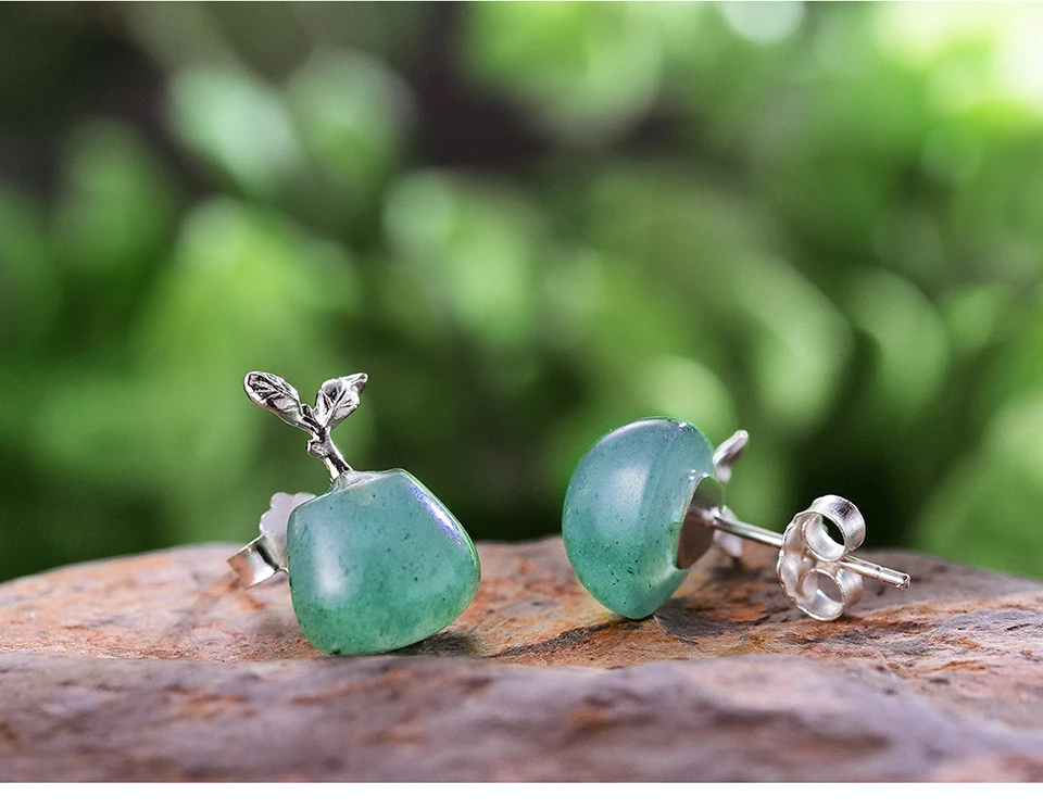 Muduh Collection Real 925 Sterling Silver Natural Aventurine Gemstone Earrings Fine Jewelry Sprouting in Spring Stud Earrings for Women