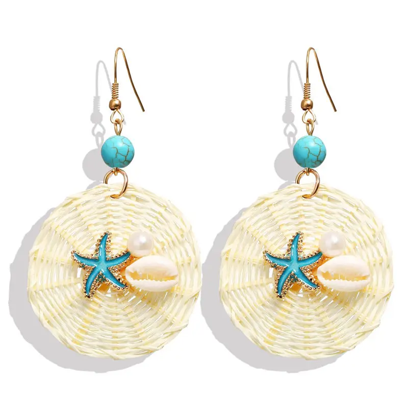 

2019 Fashion Bohemian Starfish Shell Rattan Drop Earrings For Women Round Dangle Dangle Earrings Conch Shell Beach Jewelry