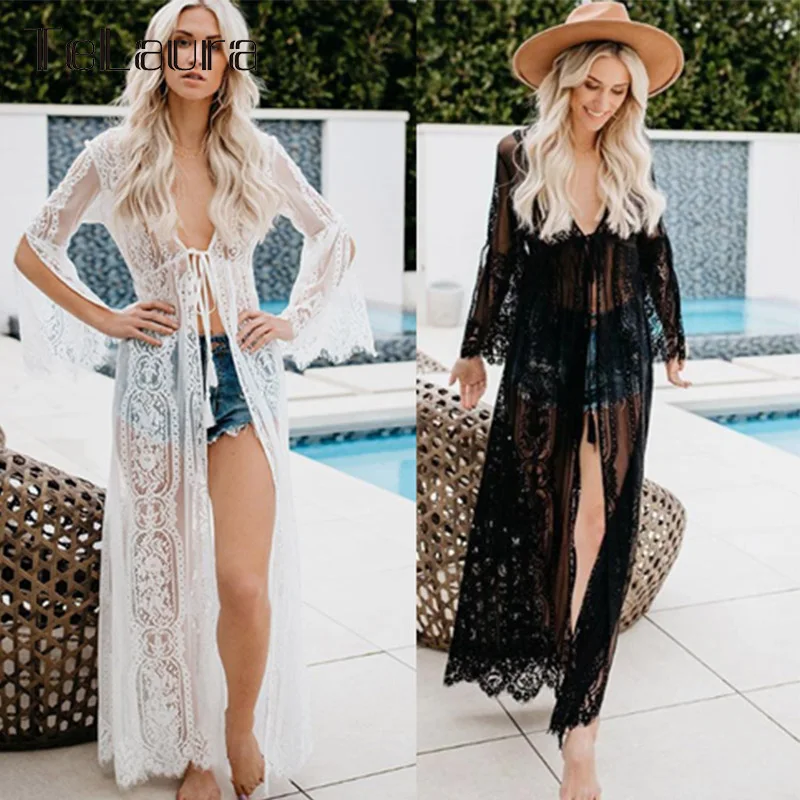 

2019 Sexy Beach Cover Up Swimsuit White Black V Neck Swimsuit Beach Dress Women See-through Beach Long Dress Summer Beach Wear