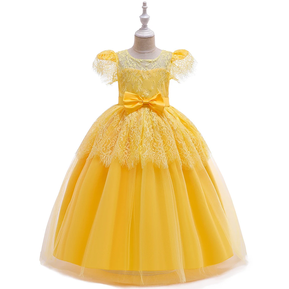 Детское платье принцессы Белль; карнавальные костюмы для девочек; Детские вечерние желтые Бальные платья; элегантные платья для первого причастия