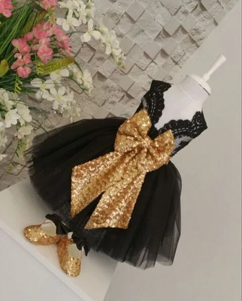 

Sleeveless Black flower girl dresses with Gold Bow Baby Birthday Party Dress glitz pageant dresses ball gowns for Kids Evening