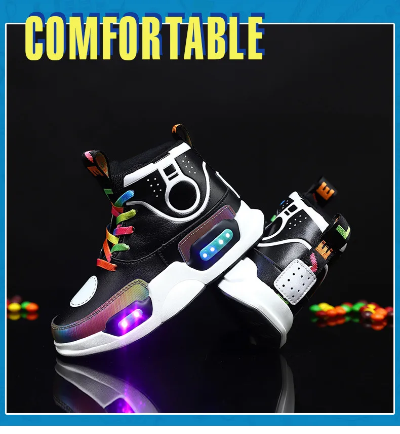 2019 New USB Charging Basket Children Led Shoes Boys With Light Up Casual Kids Shoes Girls Sneakers Glowing Shoes Genuine Leather  (13)