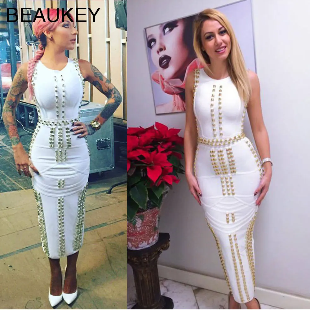 

White Black Metal Ring Complex High Quality Kim Kardashian Madi Calf Long Bandage Dress