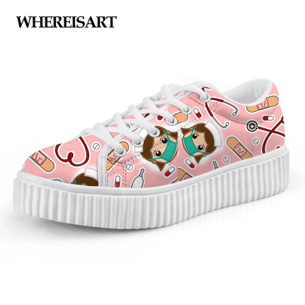 

WHEREISART Pink Cartoon Nurse Prints Flats Ladies Shoes Woman Platform Casual Shoes Height Increasing Creepers Nursing Sneakers