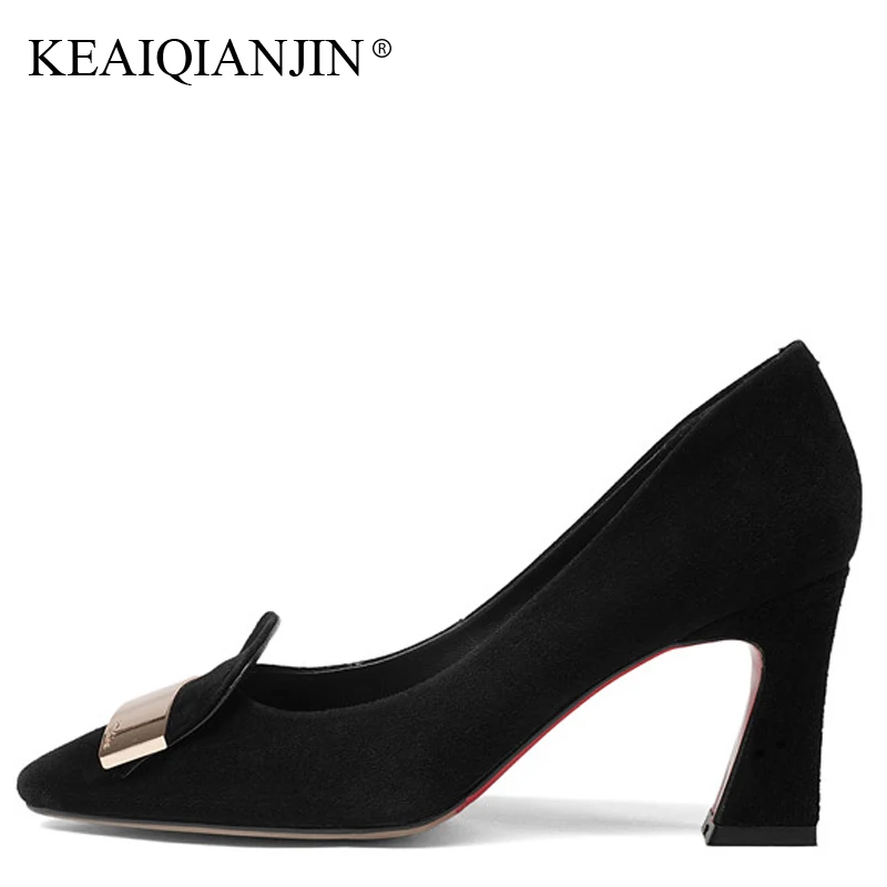 

KEAIQIANJIN Woman Black High Heels Shoes Plus Size 33 - 43 Genuine Leather Pumps Metal Decoration Chocolate Wedding Pumps 2018