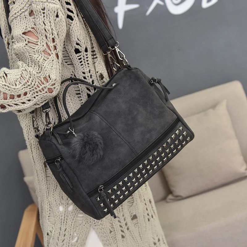 Women Shoulder Bag PU Leather Vintage Female Top-handle Bags Rivet Design Large Ladies Pompon Handbags Girls Bags Bolsa SS0344 (6)