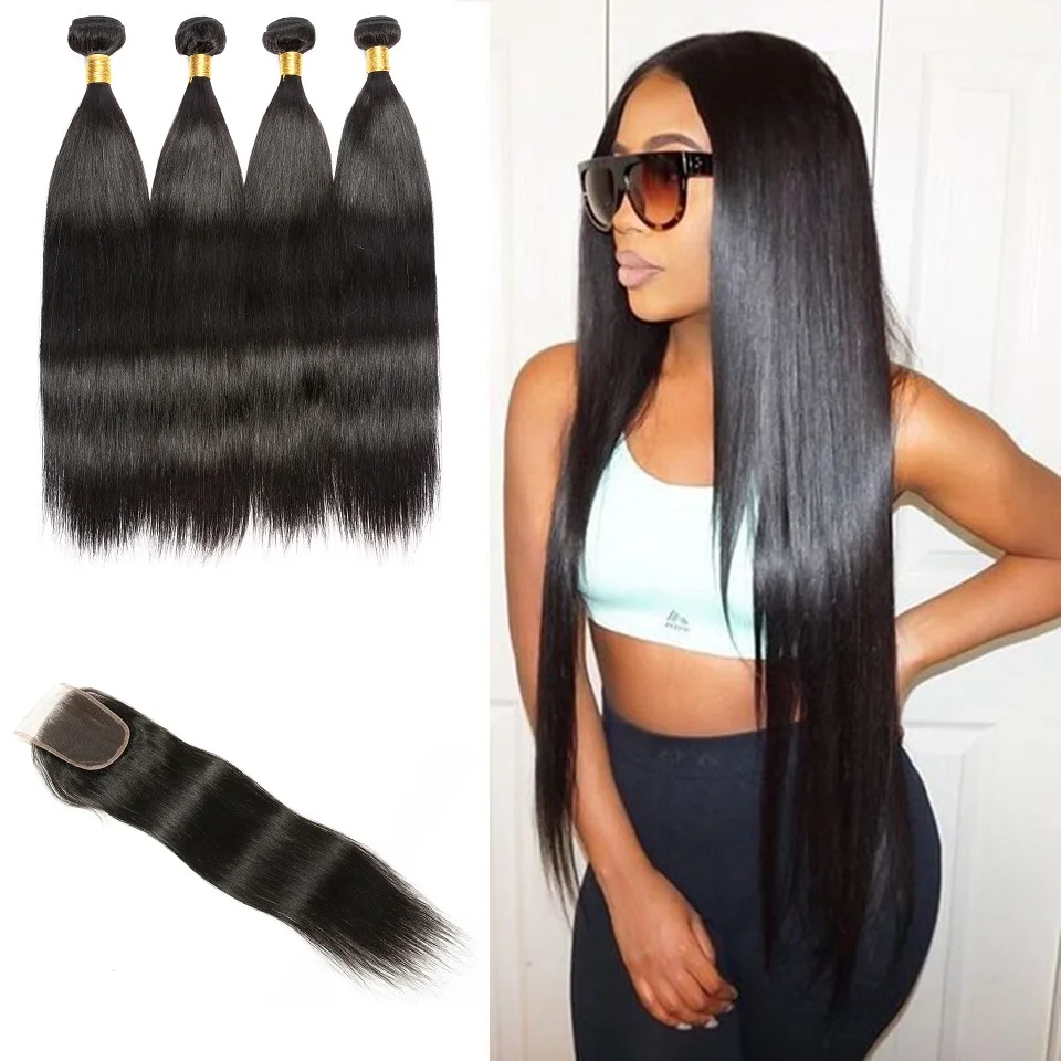 Human Hair 4 Bundles Brazilian Hair With Closure 8 28 Inch Brazilian