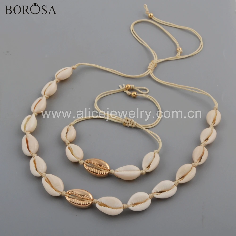 

BOROSA Summer Style 5Sets Gold Color Natural Cowrie Shell Adjustable Bracelet Necklace Natural Shell Beads Jewelry Sets WX1097