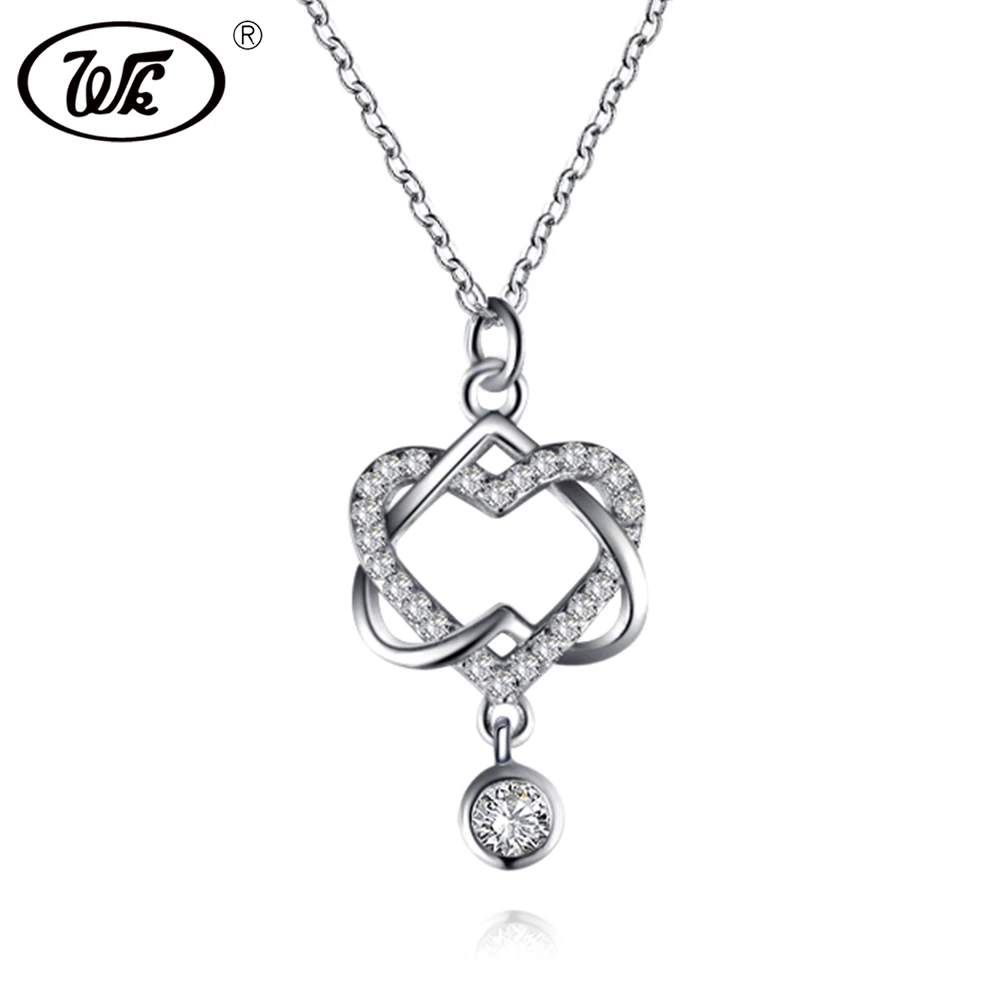 

WK Unique Charm Intersect Double Heart Necklace Silver 925 For Women Elegant Love Statement Necklaces Chokers Jewelry BW NB064