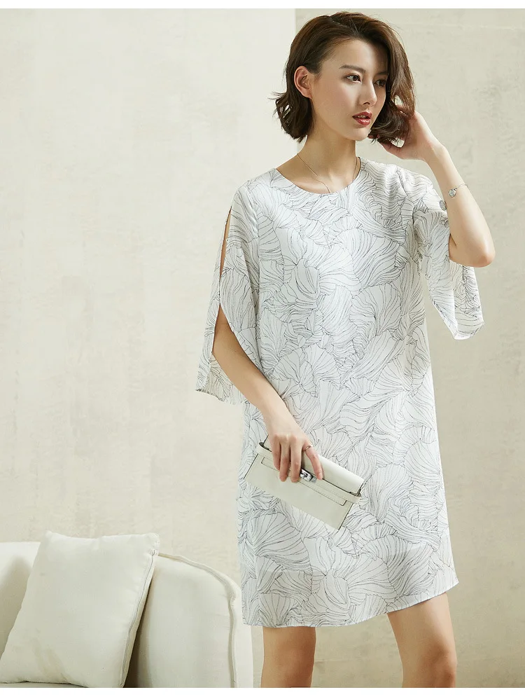 

PIXY 100% Heavy Silk Dress Women White Print Summer Midi Loose Dresses Elegant Luxury Casual sukienka zomerjurk dames 2019 jurk