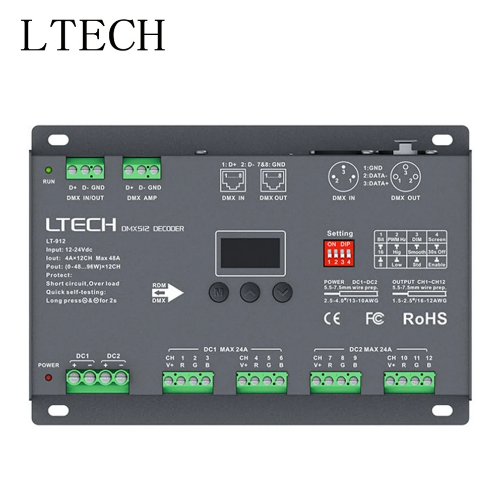 LTECH 12CH контроллер dmx LT 912 DC12 24V Вход 4A * Выход DMX512/RDM/3 контактный XLR Сделано в Китае RJ45