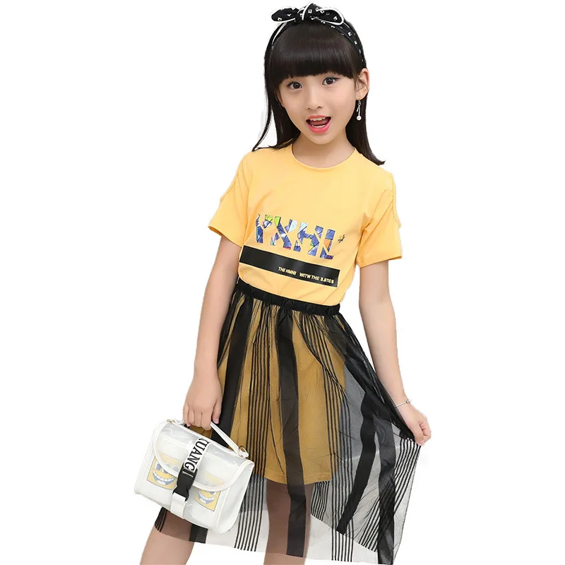 

Korean 2018 Summer Girls Fashion Loose O Neck Long Letter Printing T Shirt Black Mesh Skirt 2Piece Set Kids Baby Set Asg Pizama