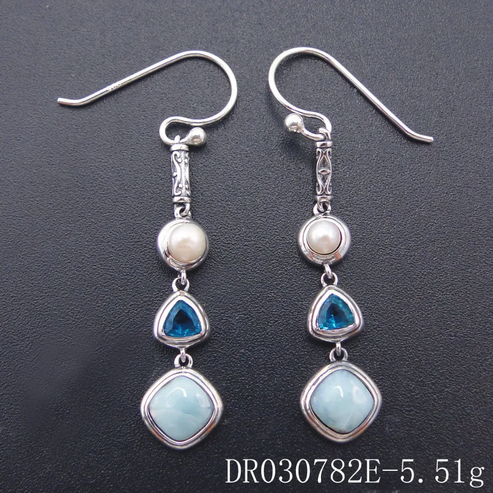 Real Natural Larimar Earring Fine Jewelry Dangle Earring 925 Sterling Silver Topaz Jewelry Long