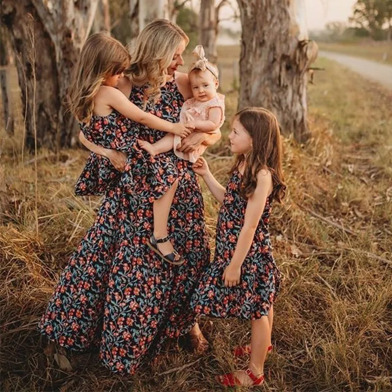 

LILIGIRL Mom And Daughter Dress Print Flower Summer Long Section Sling Dresses Family Matching Clothes Mom Daughter Clothes