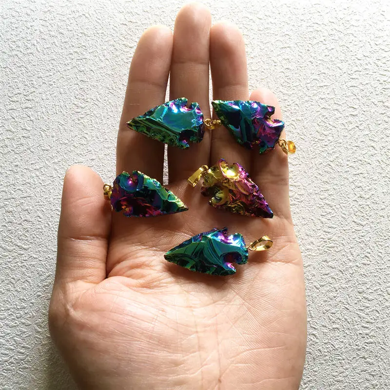 FUWO Fashion Titanium Plated Obsidian Pendant,Gorgeous Rainbow Aura Crystal Arrowhead Jewelry For Necklace Making 5Pcs/Lot PD223 5