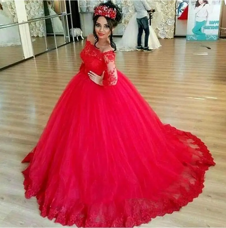 Lace Long Sleeve Wedding Dresses Red Color Off The Shoulder Puffy Tulle Ball Gown Wedding Gowns