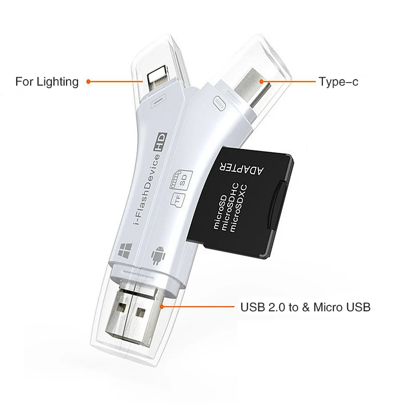 4 в 1 я флэш-накопитель OTG кардридер type C USB Micro SD/TF кардридер адаптер для iPhone 5 6 7 8 iPad Macbook Android камера