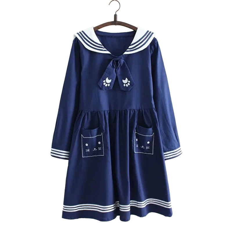 

2016 Japanese Spring Summer Navy Style Sailor Suit Dress Gravata Cute Girl Soft Loose Small Fresh Kawaii School Dress Women X019