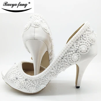 

2019 New White Lace-up womens wedding shoes Peep Toe open side Party dress shoes woman High heels Pumps free shipping