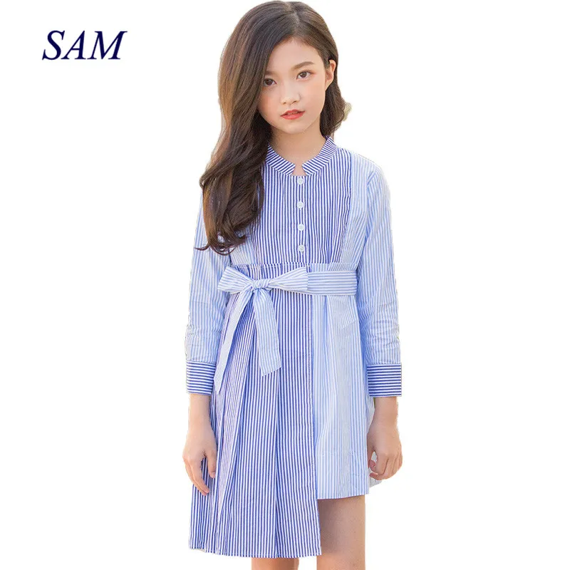 

Girls striped dress new 2018 big children's cute autumn princess dresses fashion asymmetric stitching dress