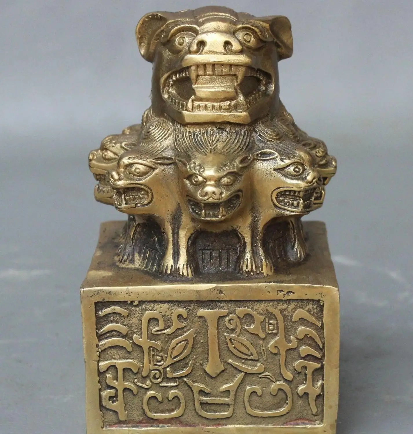 Folk China Brass Dynasty Fu Foo Dog Lion Head Statue imperial Seal Stamp Signet | Дом и сад