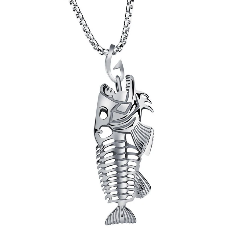 Charm Stainless Steel Hollow Fish Skeleton Bone Pendant Necklace 3 Colors