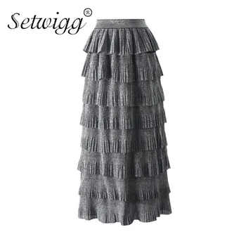 

Sweet Metallic Cascading Metallic Cakee Layered Maxi Long Skirts Elastic Waist Silver Shining Pleated Tiered Ankle Length Skirts