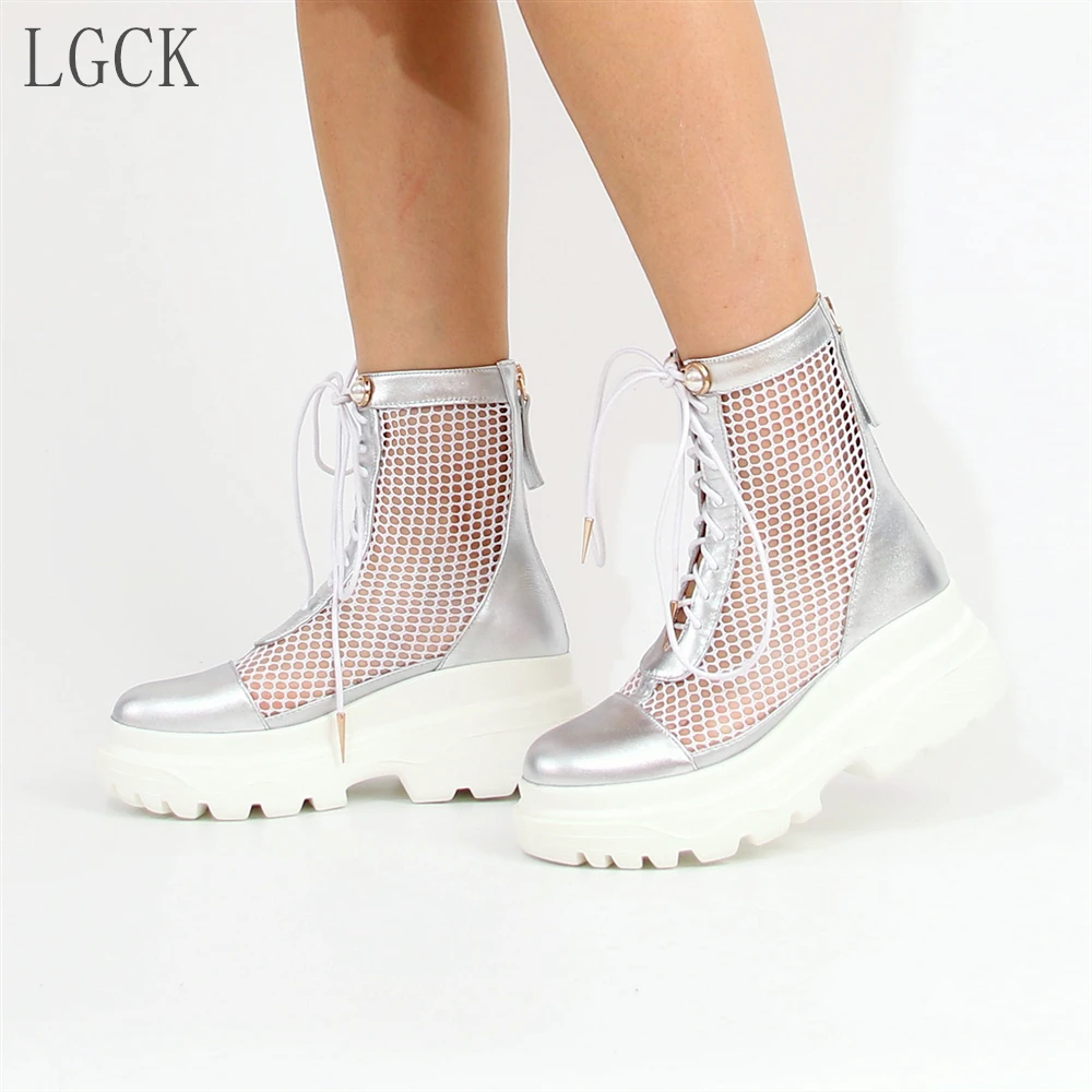 

Plus Size 34-42 Genuine Leather Women Sandals Cool Ankle Boots Mesh Sandalias Hollow Platform New Lace Up Fashion Zapatos Mujer