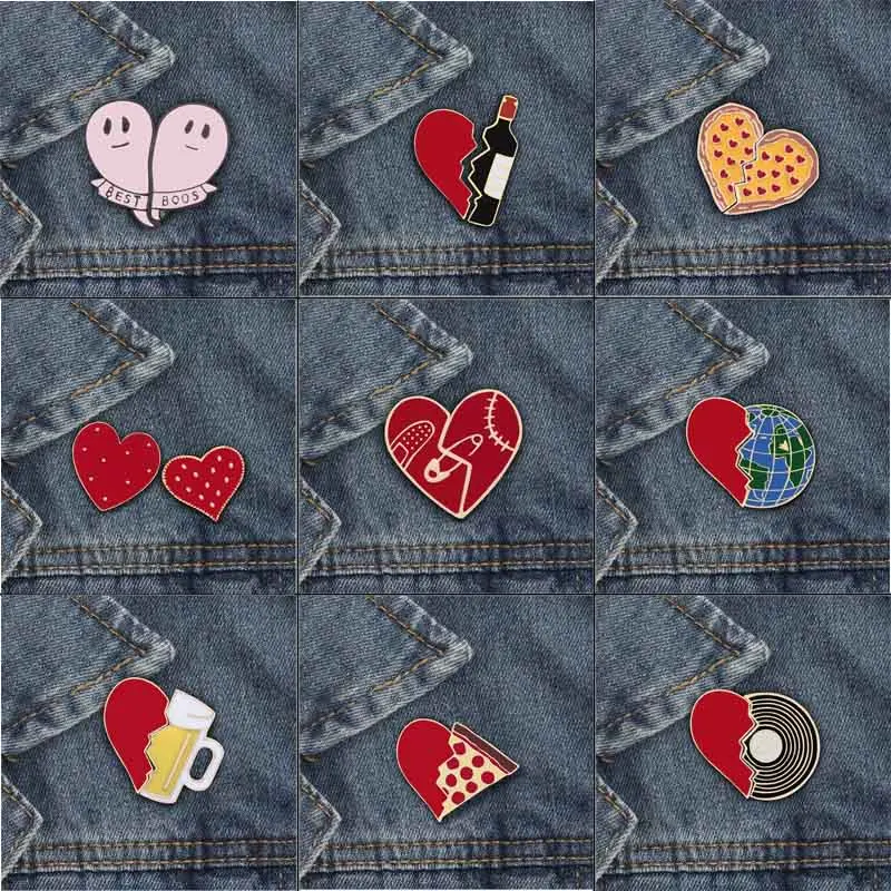 

2pcs/set Broken heart globe semi-circular pizza cup wine bottle Enemel Pins Denim BagCoat badge Fashion Jewelry for kids women