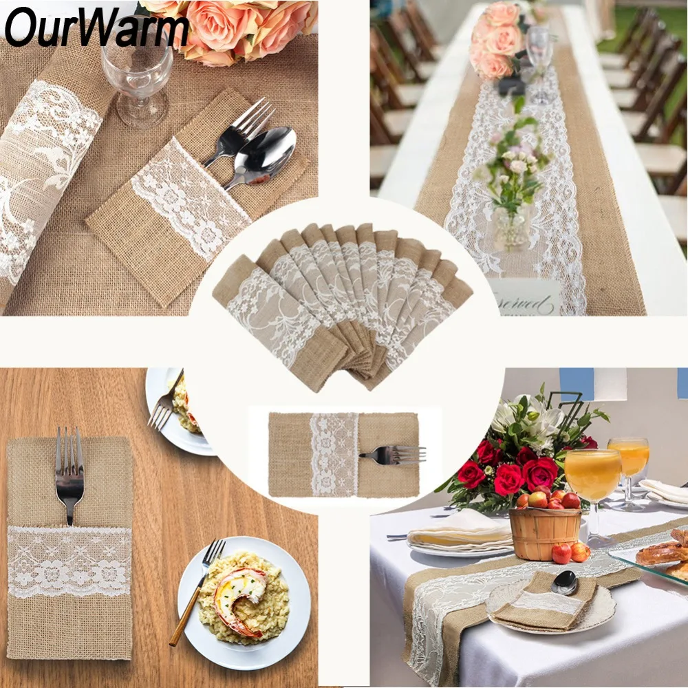  OurWarm Boho Rustic Wedding Decor Invitation Card Table Runner Tablecloth Chair Burlap Back Cover D - 32890814535