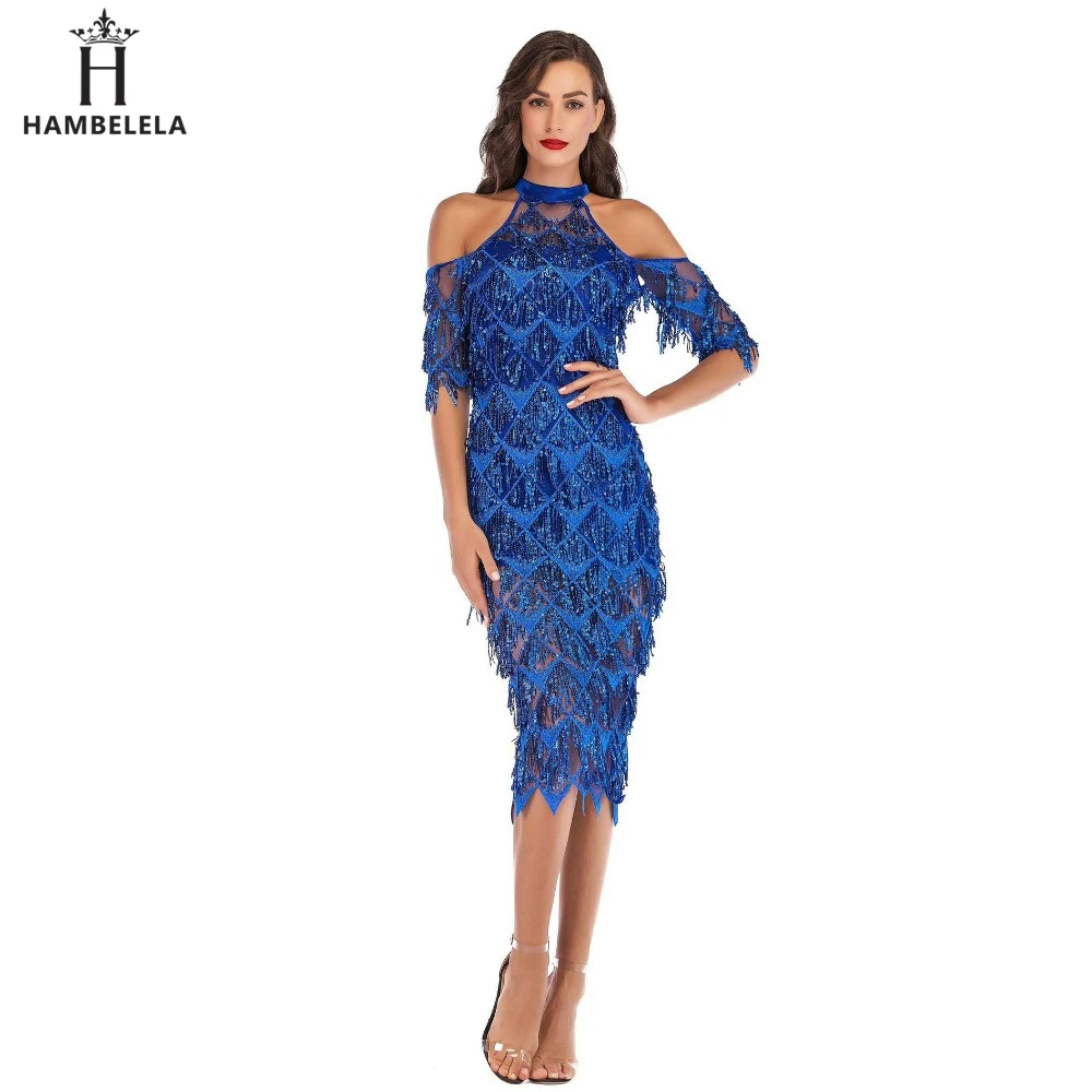 

HAMBELELA 2019 Summer Women Off Shoulder Short Sleeve bandage Dress Sexy Bodycon Tassel Evening Party Dresses Sequined Vestidos