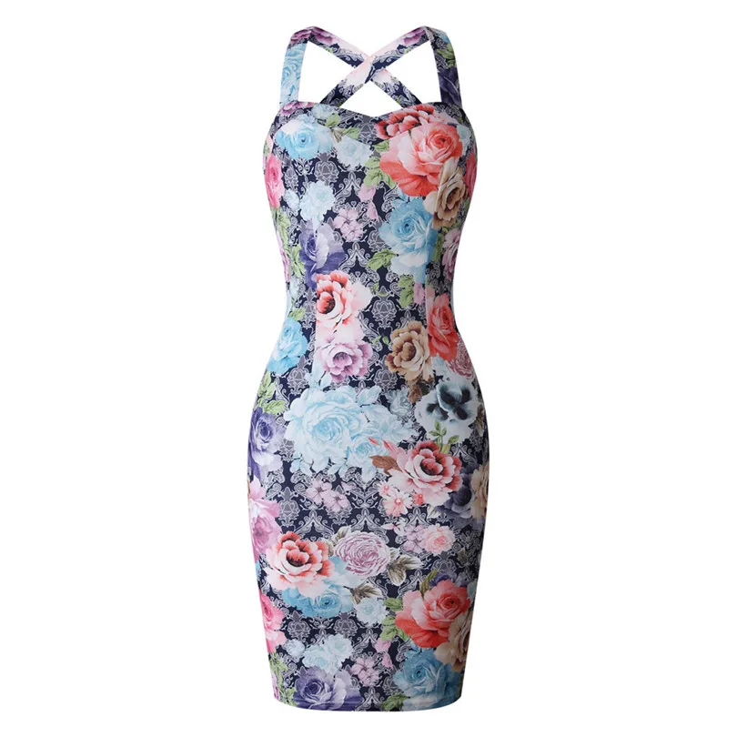  New Women Summer Fashion Casual Daily Floral Printing Sleeveless O Neck Ladies Elegant Dress Evening Party Dress #4A17  (3)