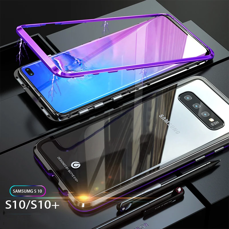 

For Samsung S10 S10+ Plus S10e Case Magnetic Adsorption CNC Aluminum Metal Bumper Tempered Glass Cover Coque Etuis Handy Hulle