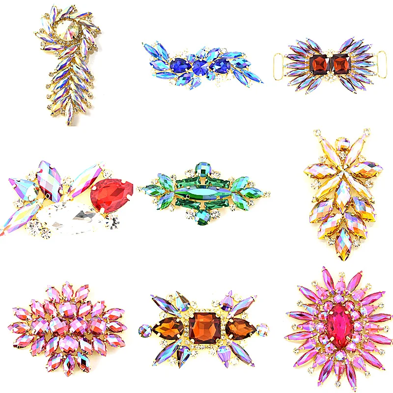 

High Quality Sew On Rhinestone Appliques 1 PCS Golden Base Glass Rhinestone Brooches Sewing Stone for DIY Wedding Dress F0054