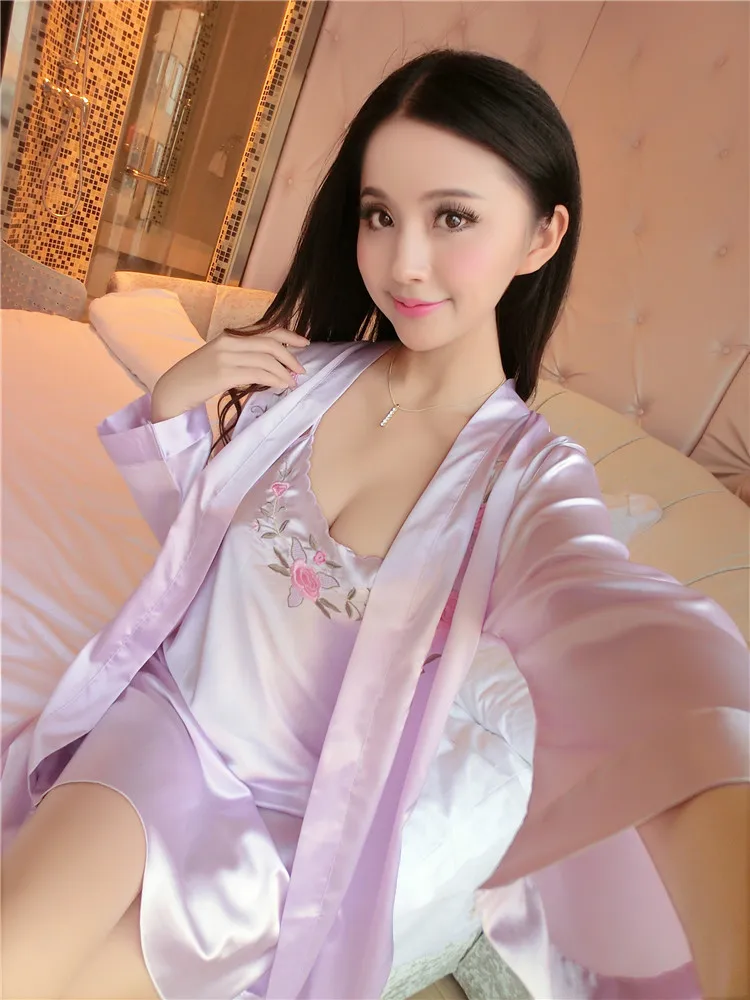 SusanDick Лето Для женщин с длинным рукавом Шелковый пижамы Ночная рубашка комплект Искушение сексуальная одежда рубашка из двух частей леди милые трусы