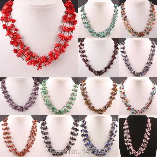 

Lapis Quartz Garnet Coral Mix-Color Crystal Chip 5-Row Beads Gem Necklace Strand 18"L