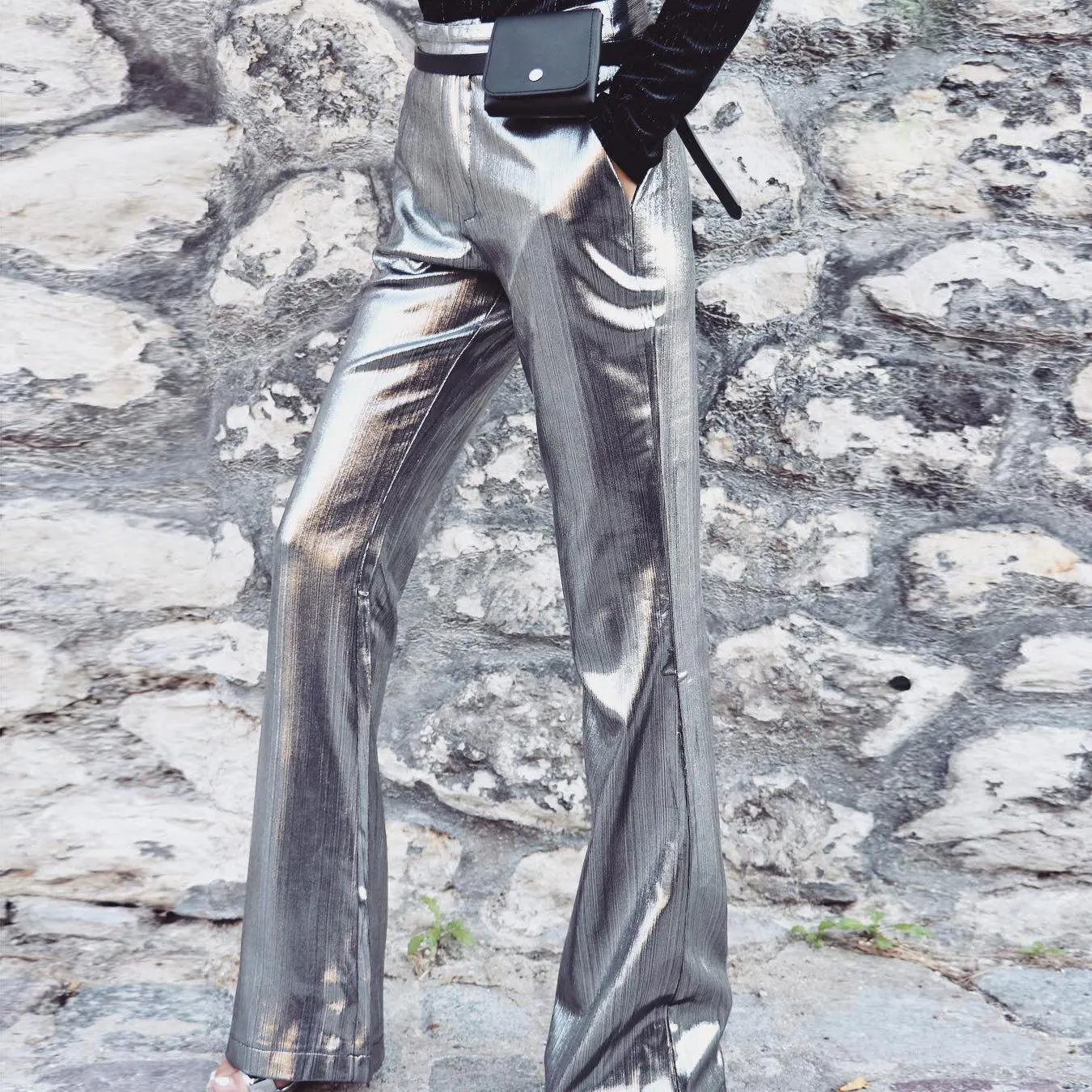 Женские Модные бронзовые серебряные брюки 2018 с высокой талией брюки женские Harajuku стрейч Широкие Брюки расклешенные брюки одежда