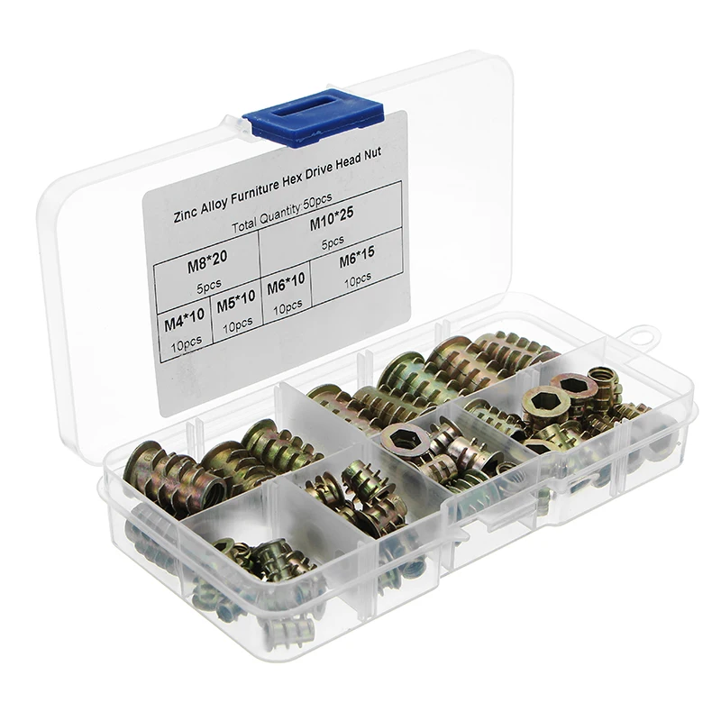 100 Piezas de Tornillo de Socket Hexagonal de Mueble de Aleaci/ón Zinc M4// M5// M6// M8// M10 Insertos de Rosca Kit de Herramienta de Surtido de Tuercas para Mueble de Madera 7 Tama/ños